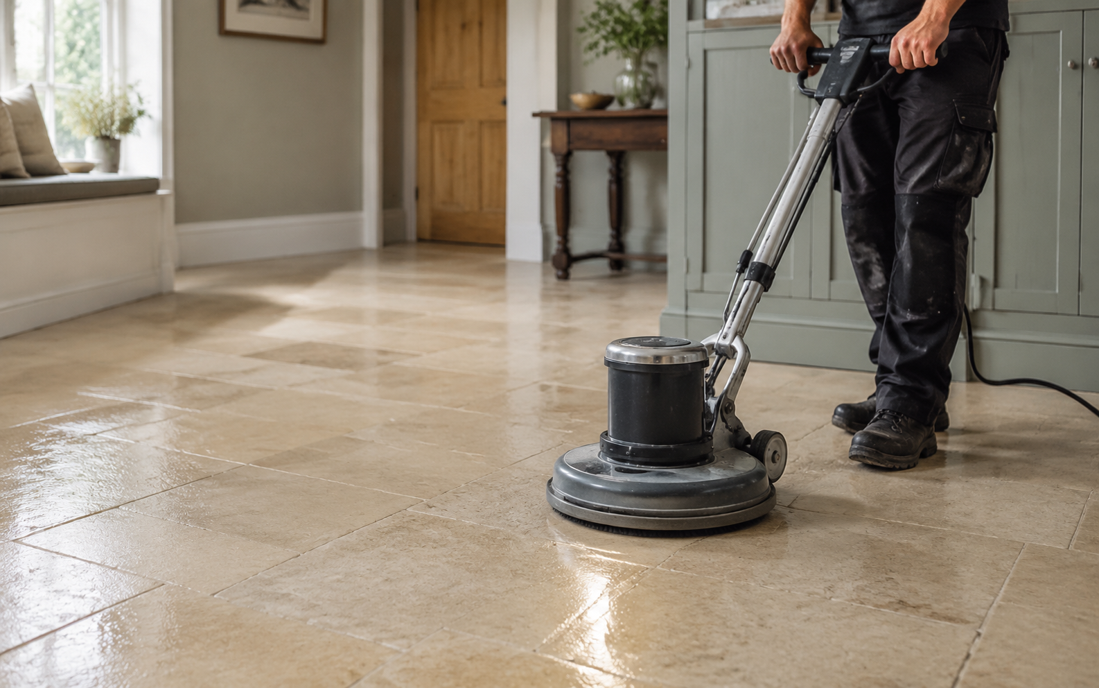 A specialist restoring a stone floor in a warm Yorkshire home